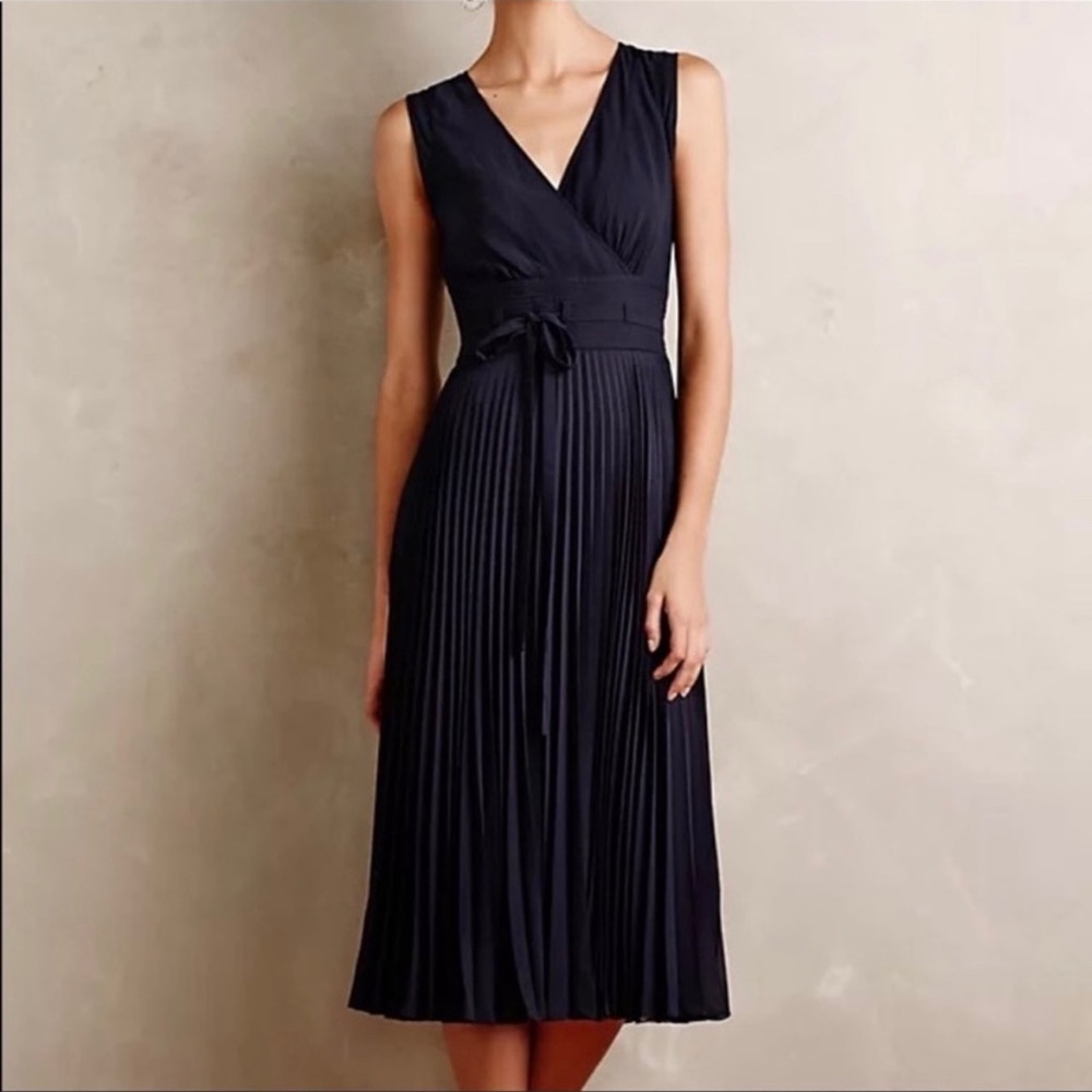 Leifsdottir x Anthropologie Navy Merle Silk Pleated Midi Dress Size 10
